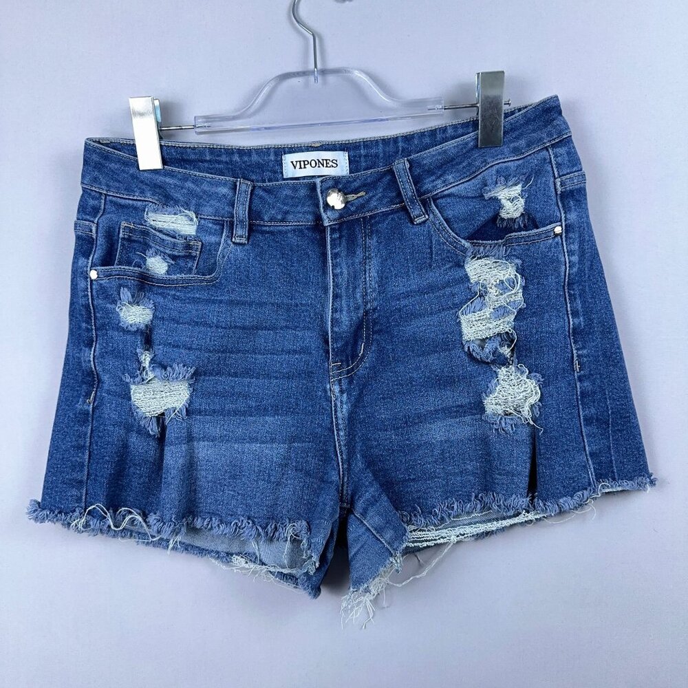 Vipones Denim Jean Shorts Womens Size 12 High Rise Distressed Stretch Blue